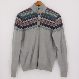 IZOD Mens Fair Isle Henley Sweater Nordic Preppy Ski Vacation Gray Button Size M